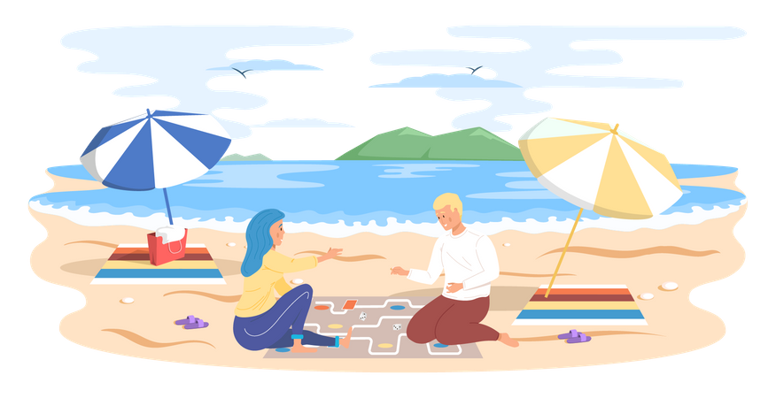Casal jogando jogo de tabuleiro sentado na praia  Ilustração