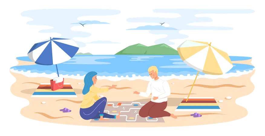 Casal jogando jogo de tabuleiro sentado na praia  Ilustração