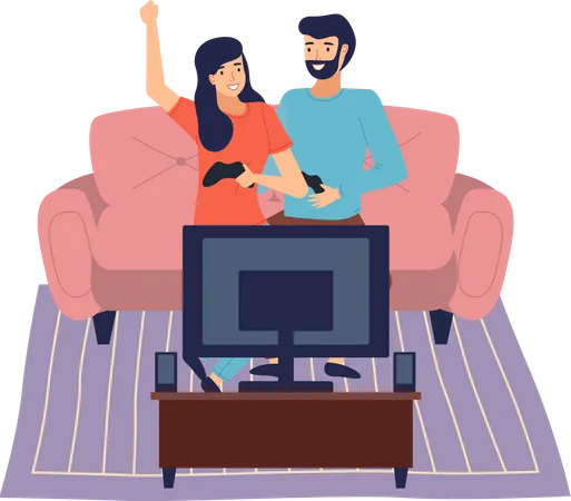 Casal jogando videogame em casa  Ilustração