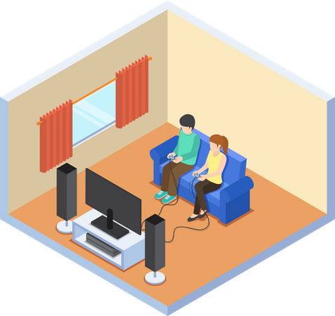 Casal jogando videogame na sala de estar  Ilustração