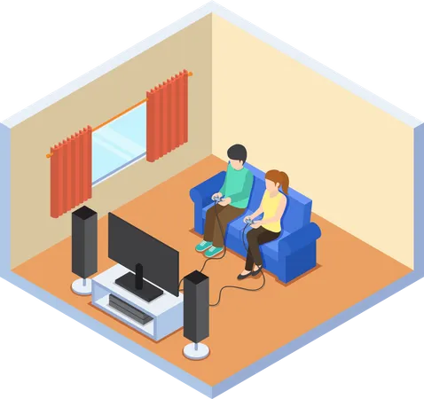 Casal jogando videogame na sala de estar  Ilustração