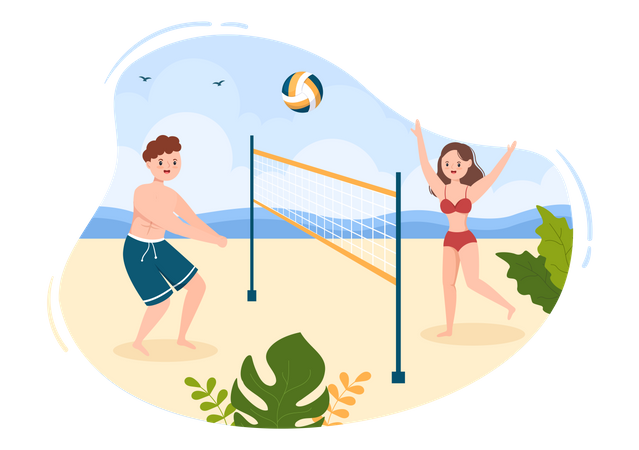 Casal jogando vôlei de praia  Ilustração
