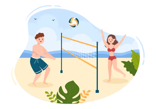 Casal jogando vôlei de praia  Ilustração