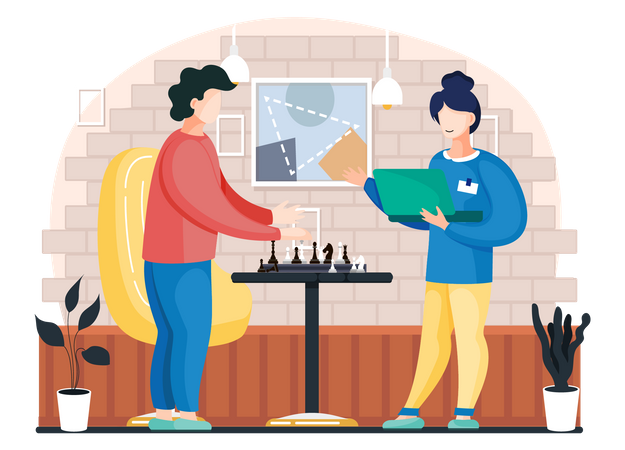 Casal jogando xadrez em casa  Ilustração