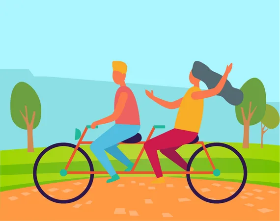 Jovem casal andando de bicicleta dupla no parque  Ilustração