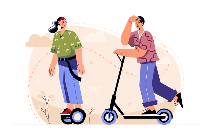 Casal jovem andando de scooter elétrica  Ilustração