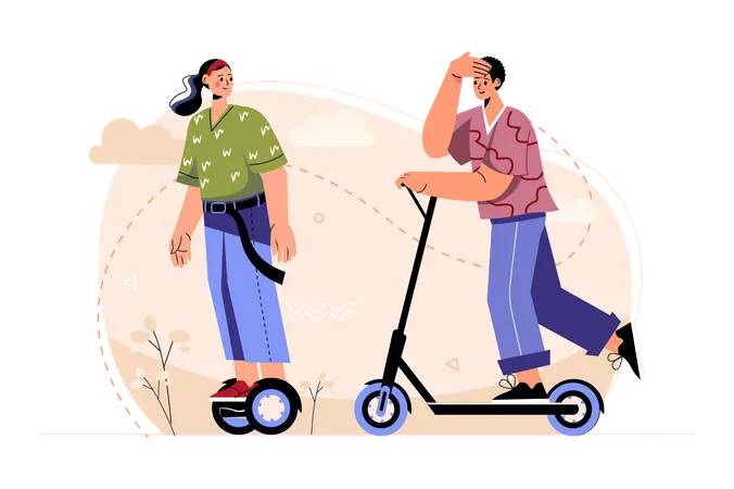 Casal jovem andando de scooter elétrica  Ilustração