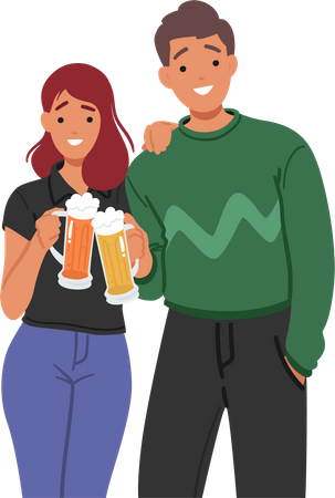 Casal jovem bebendo cerveja juntos  Ilustração