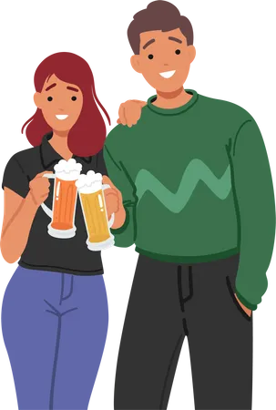 Casal jovem bebendo cerveja juntos  Ilustração