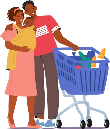 Jovem casal com bebê no supermercado com carrinho de compras carregado  Ilustração