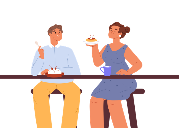 Casal jovem come sobremesas juntos  Ilustração
