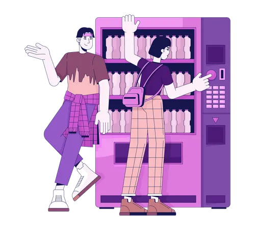 Casal jovem coreano apoiando-se na máquina de venda automática  Ilustração