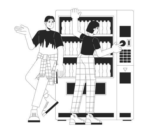 Casal jovem coreano apoiando-se na máquina de venda automática  Ilustração