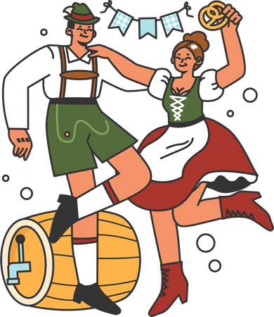 Jovem casal dançando na Aktoberfest  Ilustração