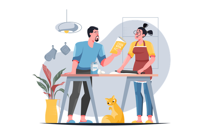 O jovem casal decidiu cozinhar um novo prato juntos  Illustration