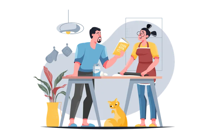 O jovem casal decidiu cozinhar um novo prato juntos  Illustration