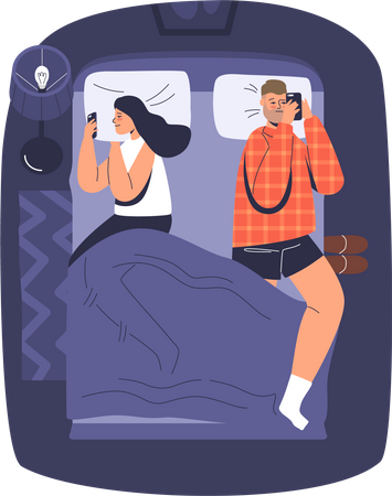 Jovem casal deitado na cama com smartphone  Ilustração