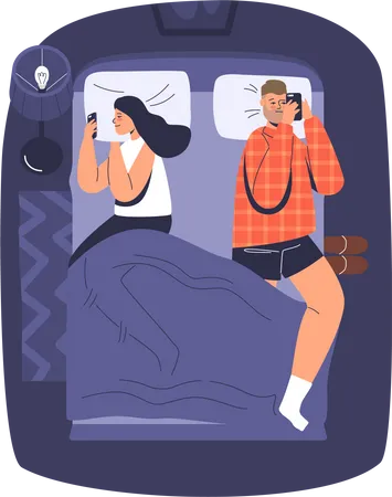 Jovem casal deitado na cama com smartphone  Ilustração