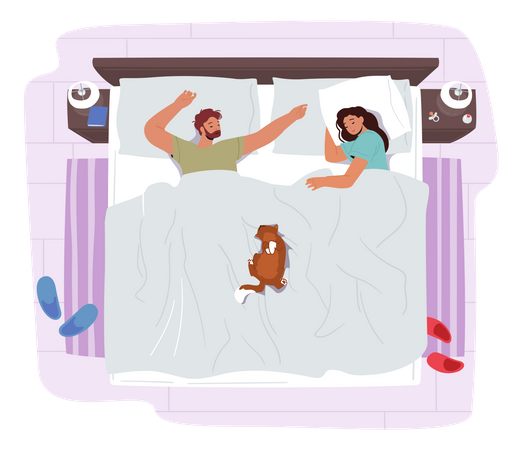 Jovem casal dormindo na cama com um gato engraçado  Ilustração