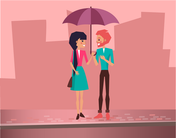 Casal jovem em pé sob o guarda-chuva  Ilustração