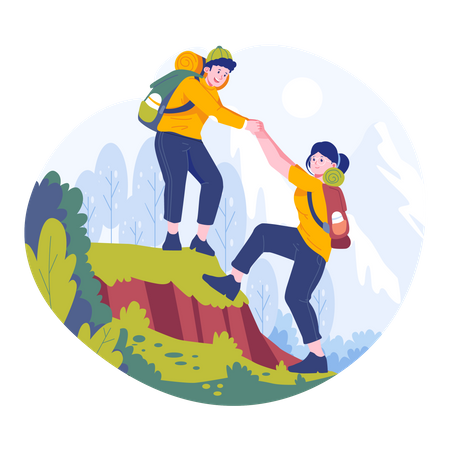 Jovem casal está escalando uma montanha juntos  Ilustração