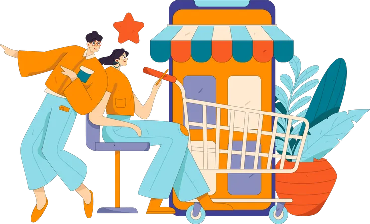 Casal jovem fazendo compras usando celular  Illustration