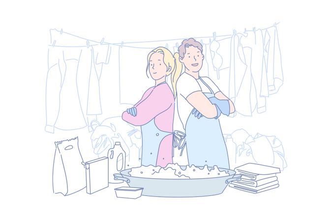 Casal jovem fazendo trabalho de lavanderia  Ilustração