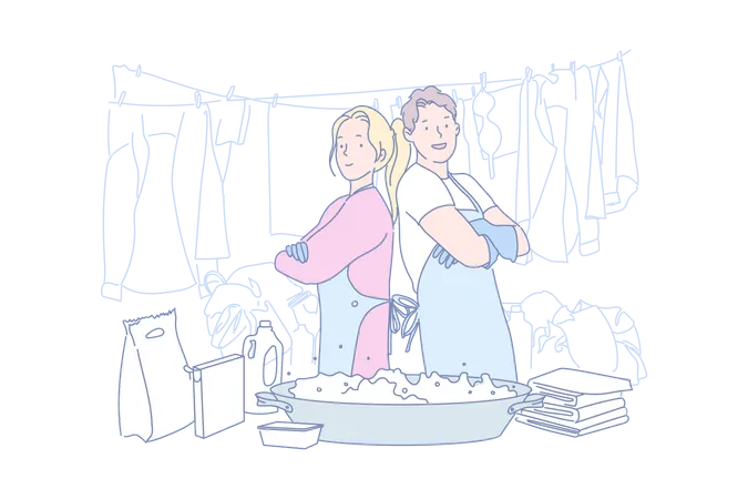 Casal jovem fazendo trabalho de lavanderia  Ilustração