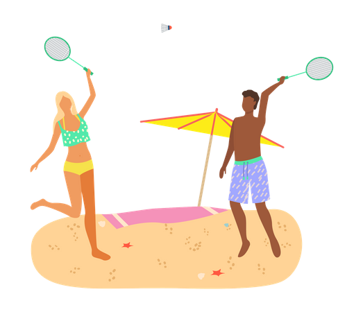 Casal jovem jogando badminton na praia  Ilustração