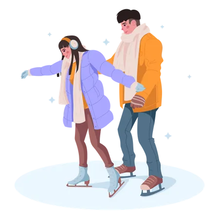 Jovem casal patinando no gelo  Ilustração