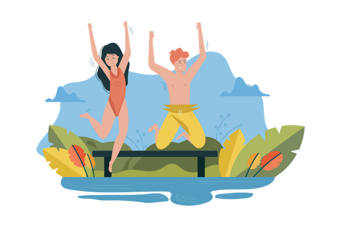 Jovem casal pulando no rio  Ilustração