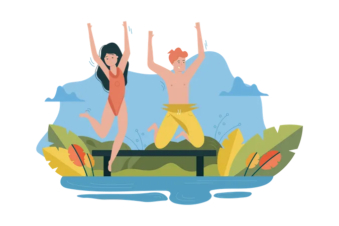 Jovem casal pulando no rio  Ilustração