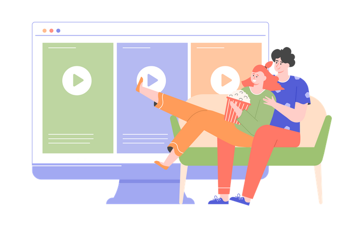 Casal jovem sentado no sofá assistindo TV  Ilustração