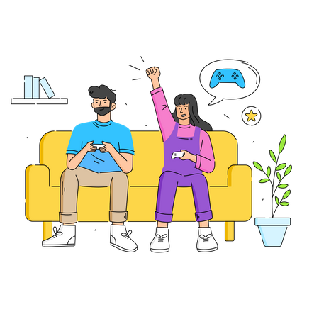 Jovem casal sentado no sofá jogando com console de jogos  Ilustração