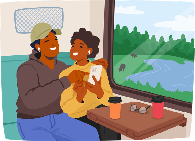 Jovem casal sentado no vagão do trem conversando olhando no smartphone  Ilustração