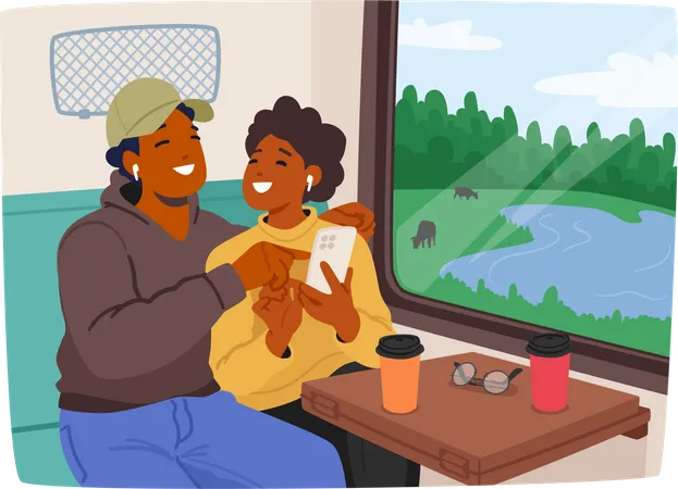 Jovem casal sentado no vagão do trem conversando olhando no smartphone  Ilustração