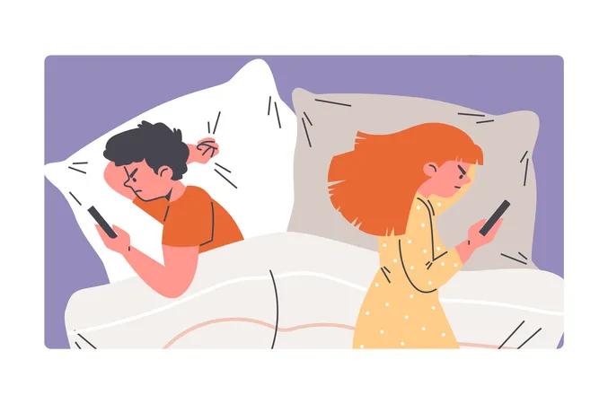 Jovem casal irritado deitado separadamente na cama usando smartphones  Ilustração