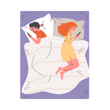 Jovem casal irritado deitado separadamente na cama usando o telefone  Ilustração