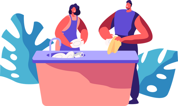 Casal lavando louça juntos na cozinha  Ilustração