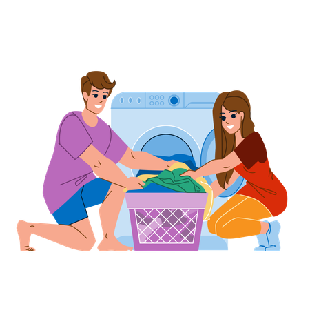 Casal lavando roupa  Ilustração