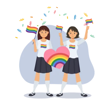 Duas Jovens Felizes Seguram Cartazes Com Arco Iris Lgbt E Bandeira Transgenero Comemoram O Mes Do Orgulho Direitos Humanos Igualdade E Homossexualidade Ilustracao De Personagem De Desenho Animado Vetorial Plano Ilustração