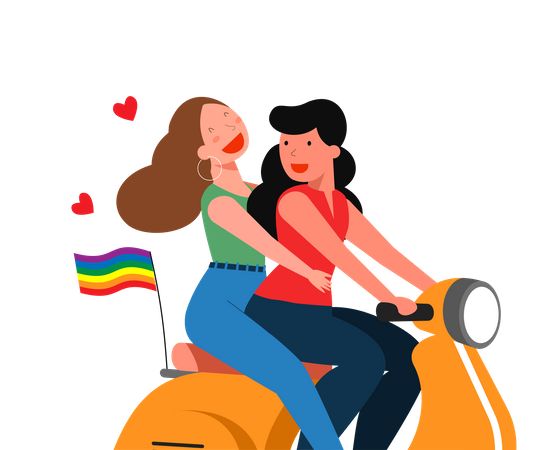 Casal de lésbicas andando de bicicleta juntos  Ilustração
