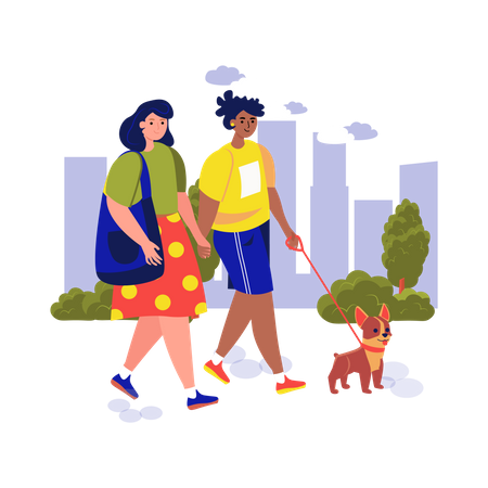 Casal de lésbicas caminhando junto com cachorro  Ilustração