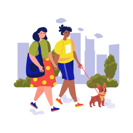 Casal de lésbicas caminhando junto com cachorro  Ilustração