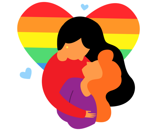 Casal de lésbicas com coração de arco-íris  Ilustração