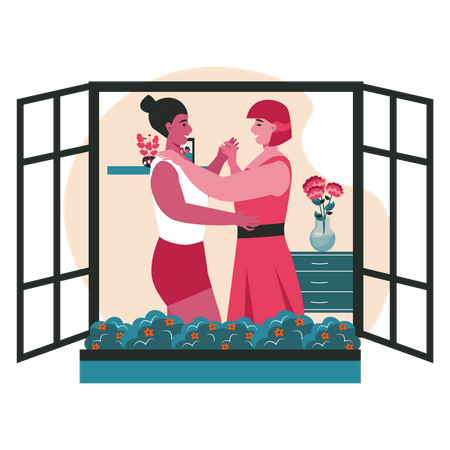 Casal de lésbicas dançando em casa  Ilustração
