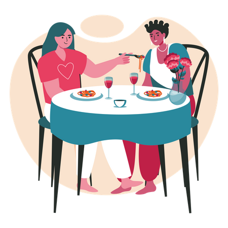 Casal de lésbicas em jantar  Ilustração