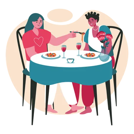 Casal de lésbicas em jantar  Ilustração