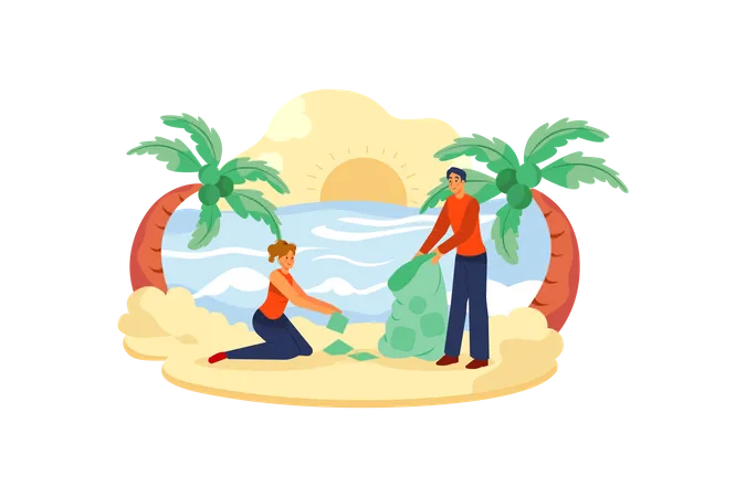 Casal limpando praia  Ilustração