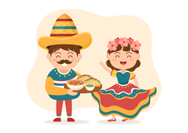 Casal mexicano tradicional com comida mexicana básica  Ilustração